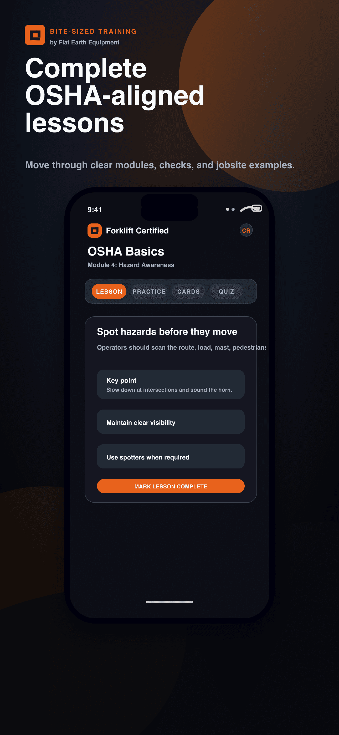 OSHA-aligned lesson screen with key safety points