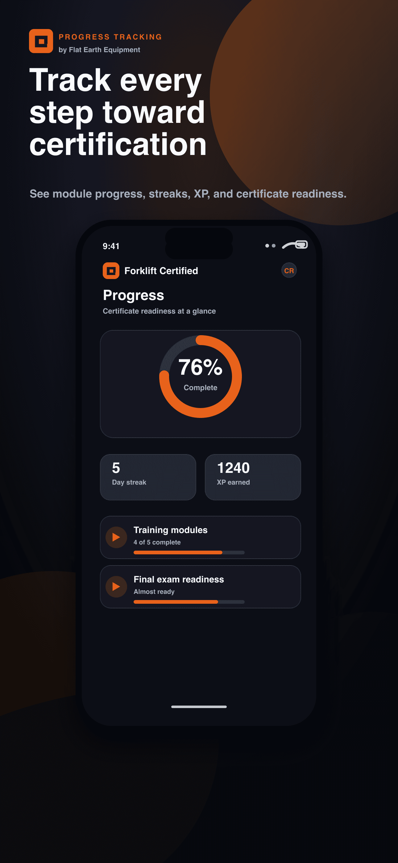 Forklift Certified progress dashboard showing certificate readiness