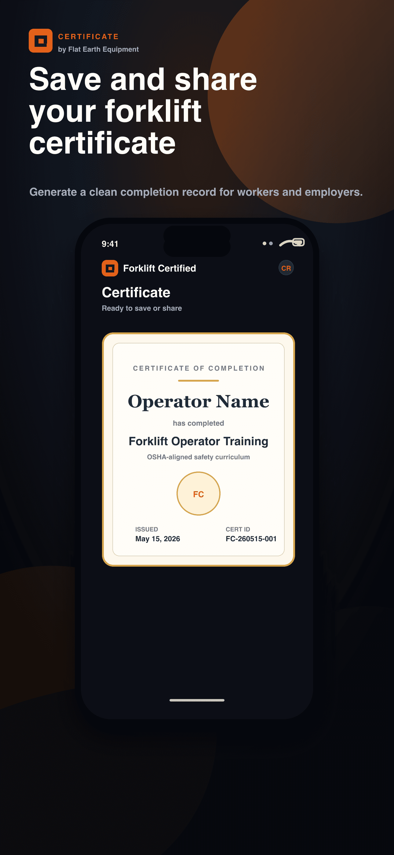 Shareable forklift operator certificate of completion